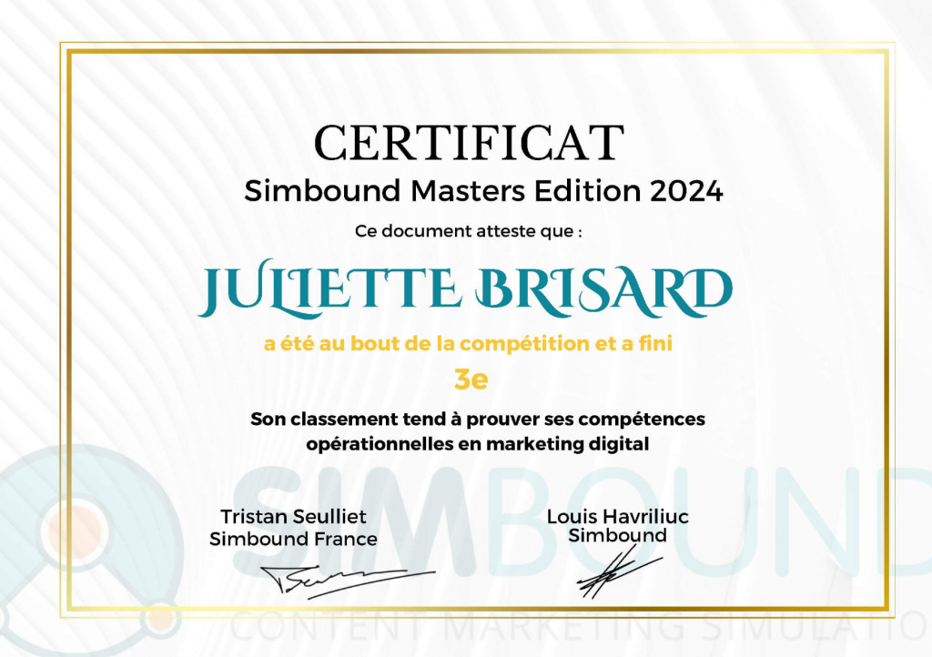 Le certificat officiel Simbound Masters 2024 de Juliette Brisard