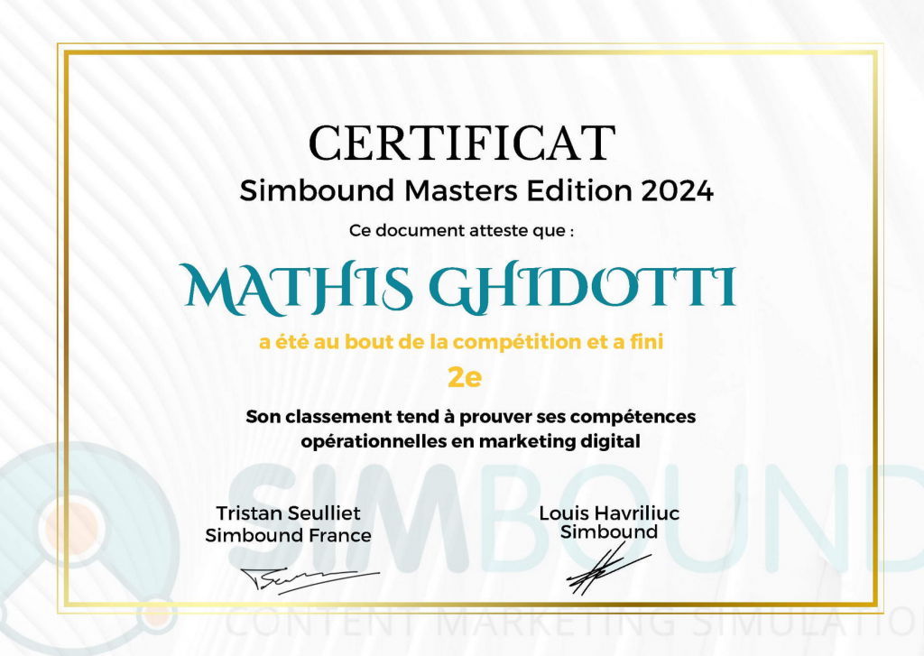 Certificat Simbound Masters 2024 de Mathis Ghidotti